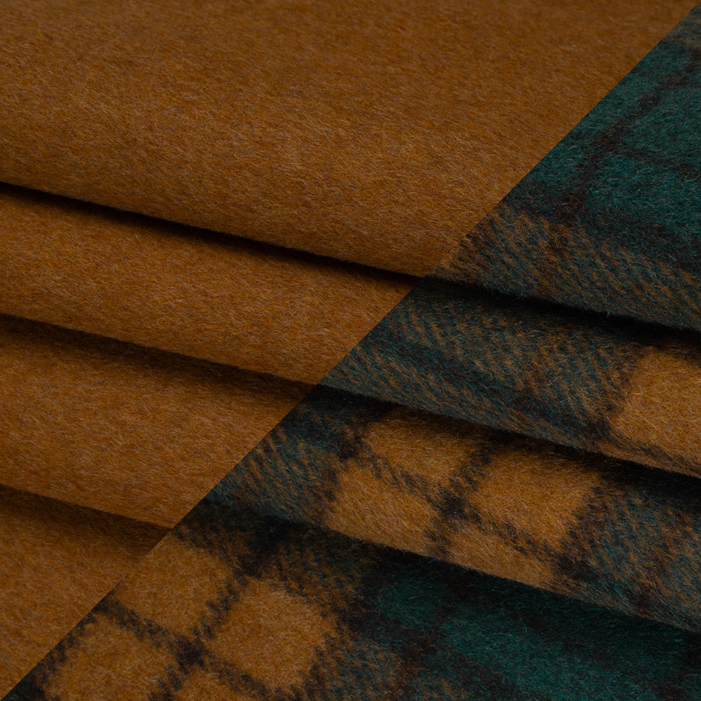 Brushed Wool Blend Double Cloth Coating - Warm Tan and Teal Plaid - Deadstock Folded
