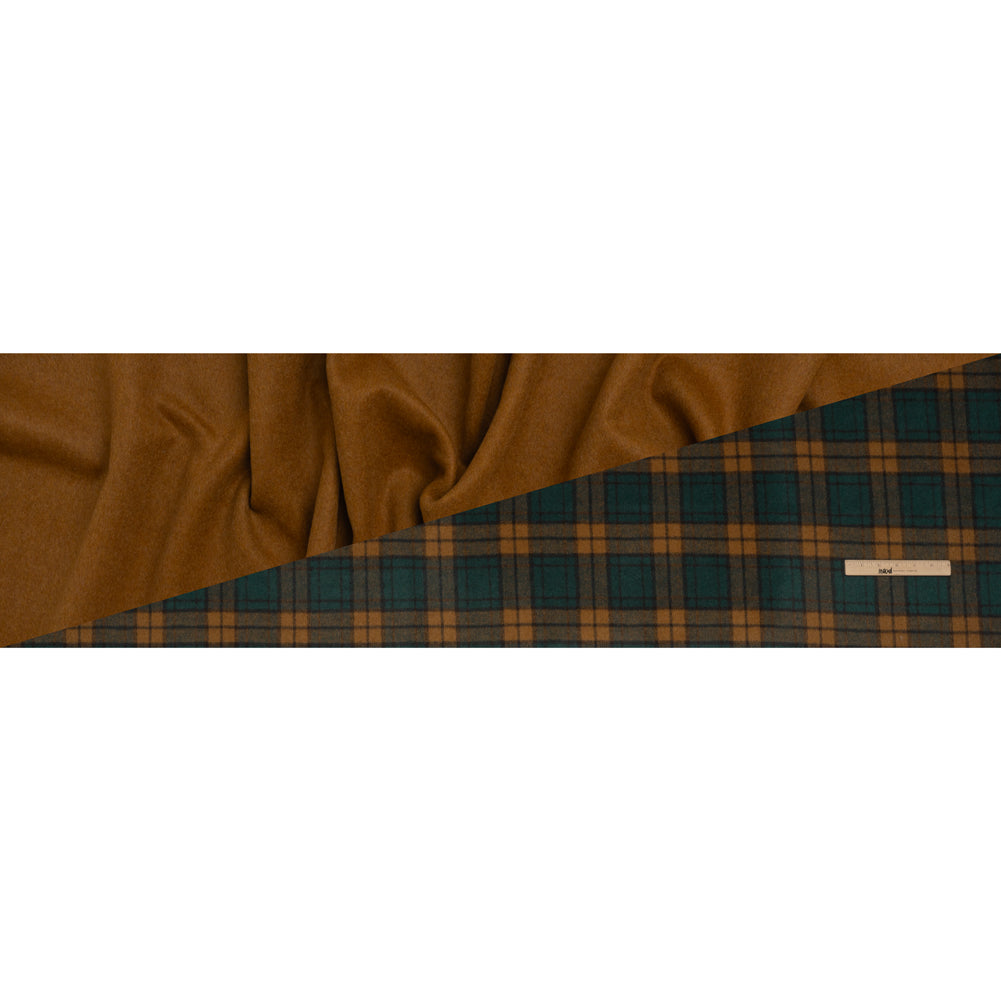 Brushed Wool Blend Double Cloth Coating - Warm Tan and Teal Plaid - Deadstock - Full