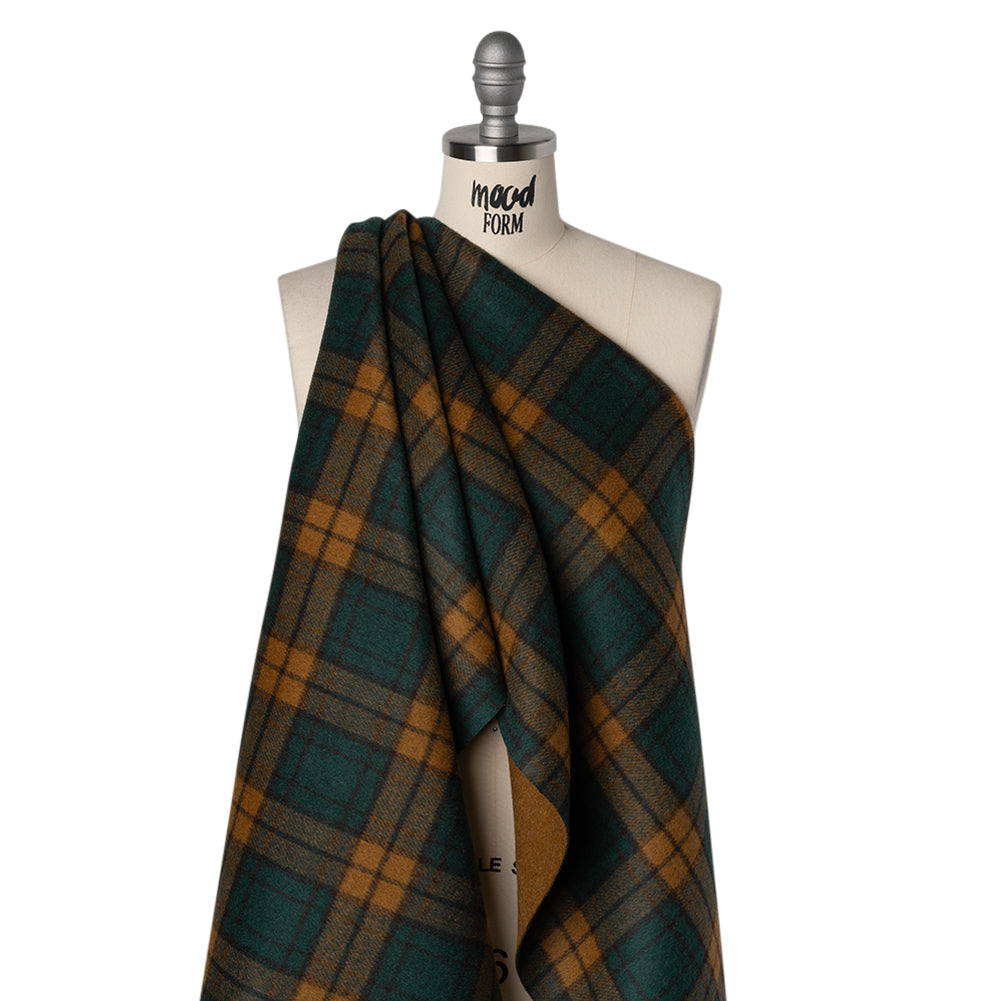 Brushed Wool Blend Double Cloth Coating - Warm Tan and Teal Plaid - Deadstock Drape