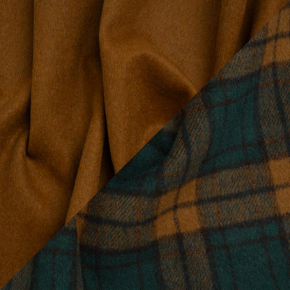 Brushed Wool Blend Double Cloth Coating - Warm Tan and Teal Plaid - Deadstock