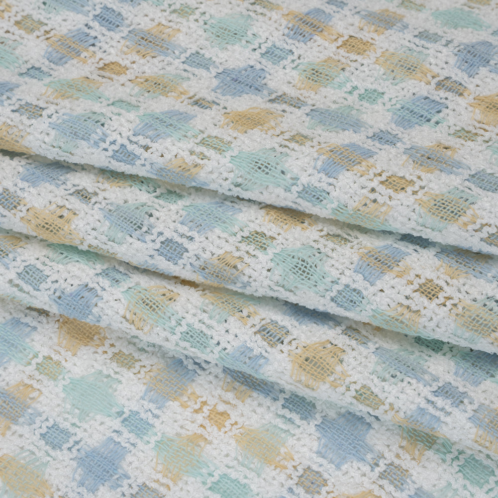 Polyester Boucle Tweed - Baby Blue, Pale Beige and White Plaid - Deadstock Folded