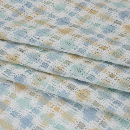 Polyester Boucle Tweed - Baby Blue, Pale Beige and White Plaid - Deadstock Folded