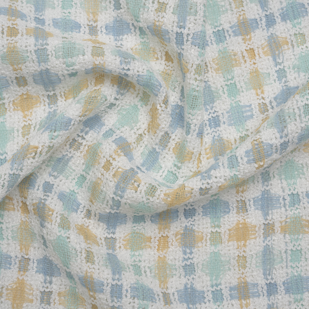 Polyester Boucle Tweed - Baby Blue, Pale Beige and White Plaid - Deadstock