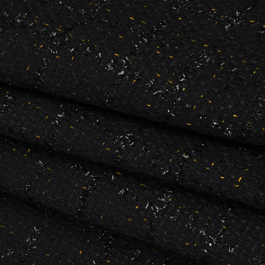 Wool Blend Tweed with Metallic Eyelash Fringe - Black and Gold Checks - Deadstock Folded