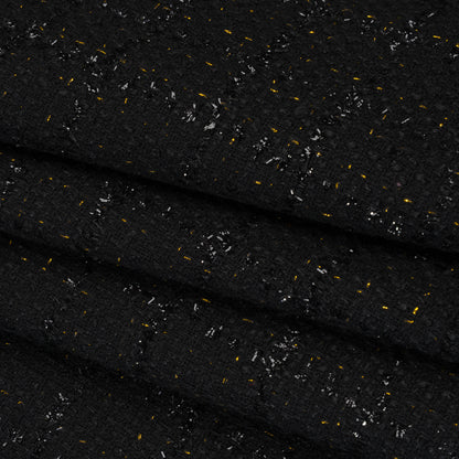 Wool Blend Tweed with Metallic Eyelash Fringe - Black and Gold Checks - Deadstock Folded