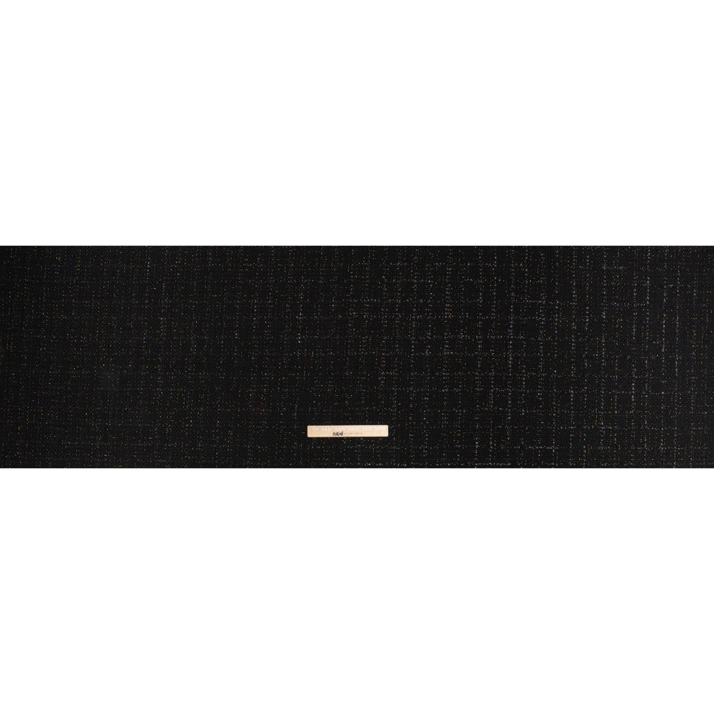 Wool Blend Tweed with Metallic Eyelash Fringe - Black and Gold Checks - Deadstock - Full