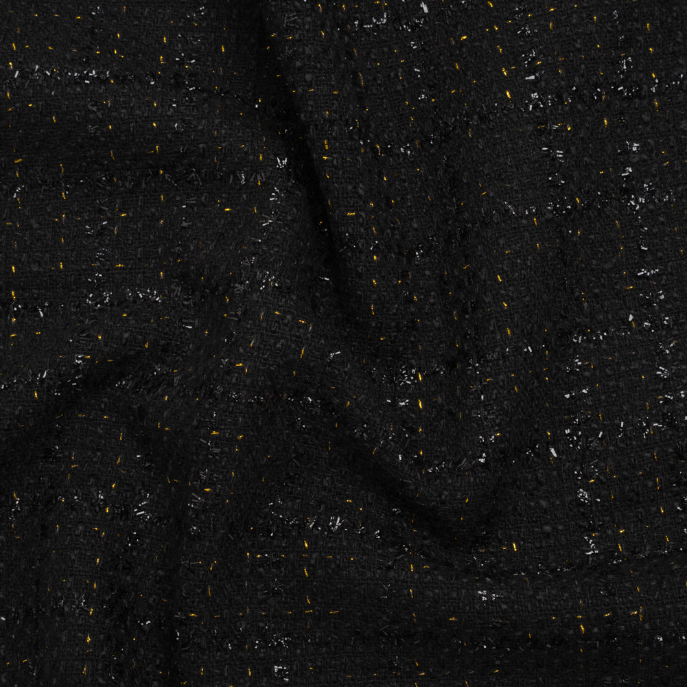 Wool Blend Tweed with Metallic Eyelash Fringe - Black and Gold Checks - Deadstock