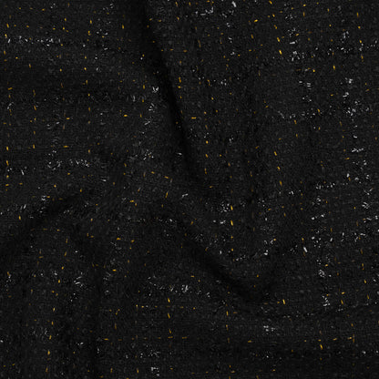 Wool Blend Tweed with Metallic Eyelash Fringe - Black and Gold Checks - Deadstock
