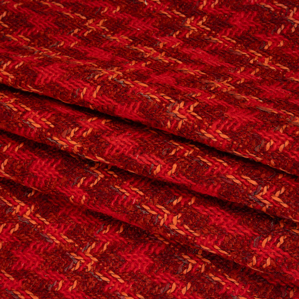 Polyester Tweedy Twill - Bright Red, Creamsicle and Brick Plaid - Deadstock Folded