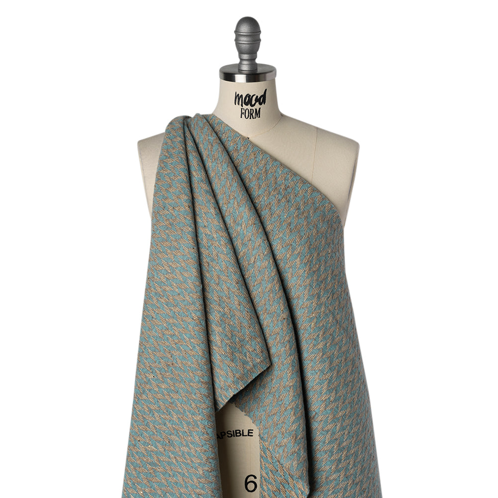 Metallic Brushed Polyester Tweed with Baby Sequins - Baby Blue, Tan and Beige Geometric - Deadstock Drape