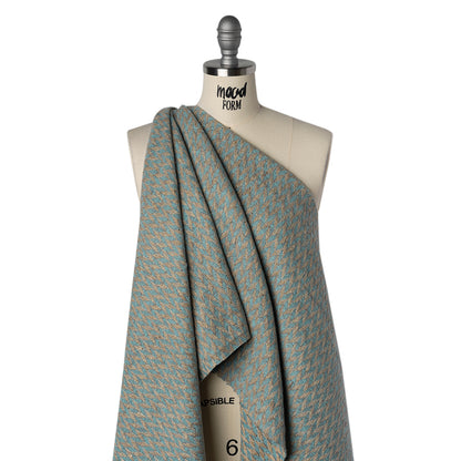Metallic Brushed Polyester Tweed with Baby Sequins - Baby Blue, Tan and Beige Geometric - Deadstock Drape