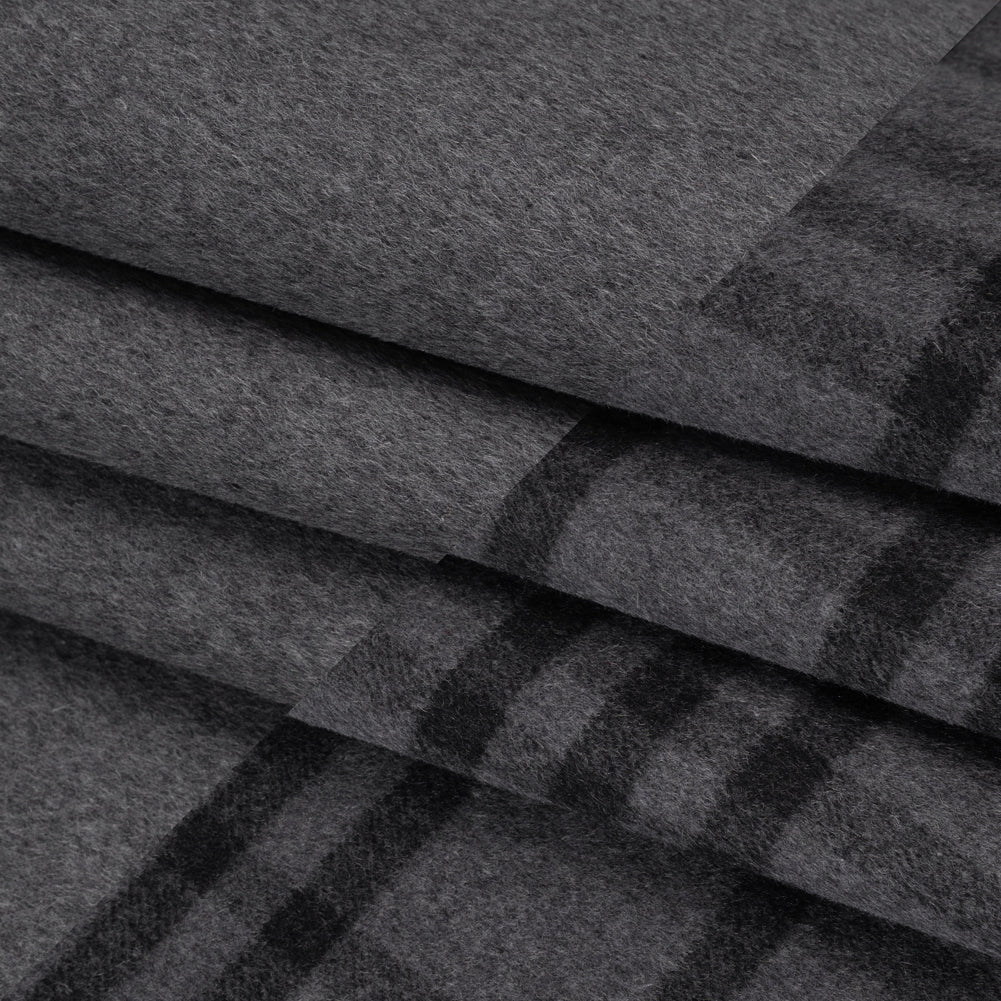 Brushed Wool Blend Double Cloth Twill Coating - Gray and Black Plaid - Deadstock Folded
