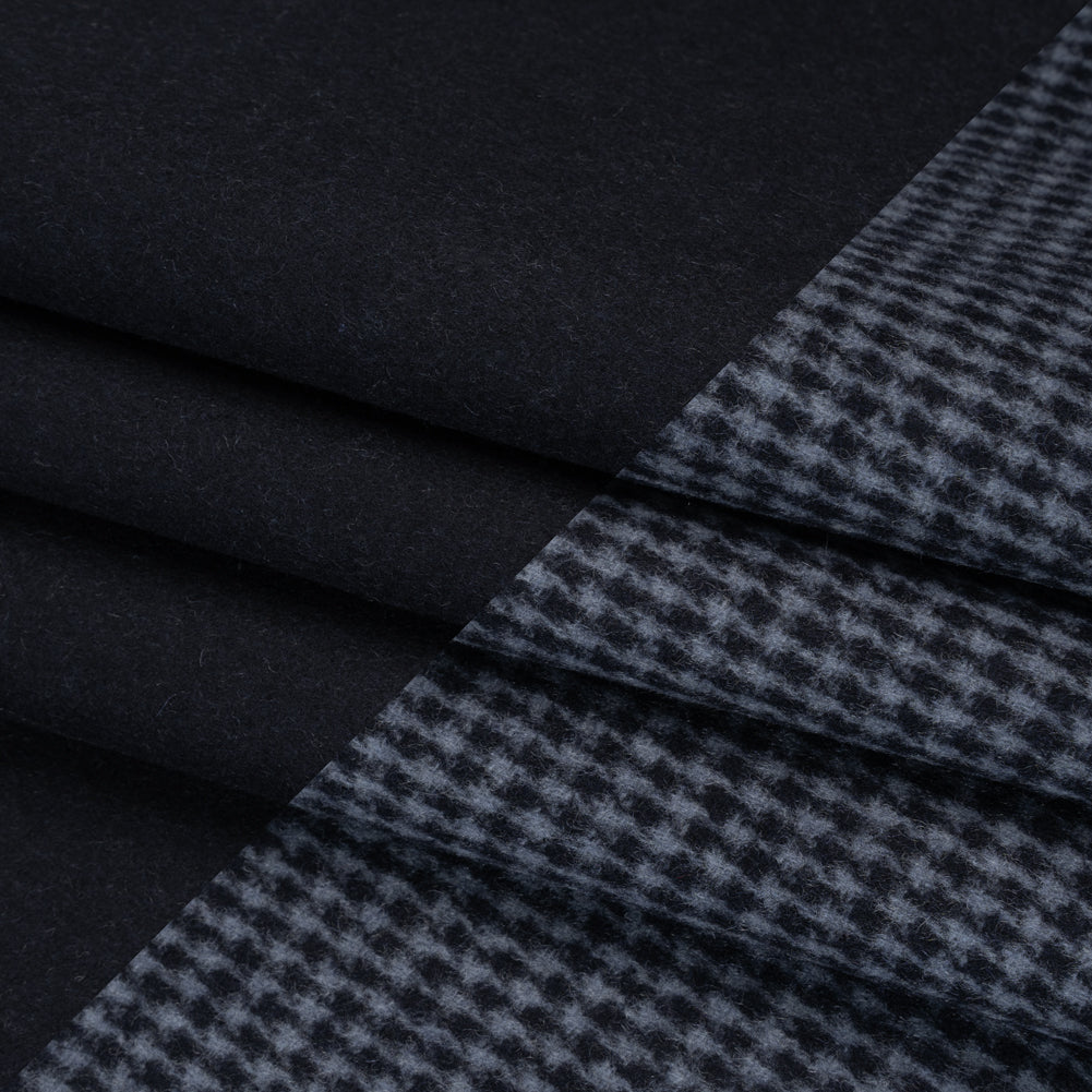 Brushed Wool Blend Double Cloth Coating - Navy and Light Blue Little Houndstooth and Solid - Deadstock Folded