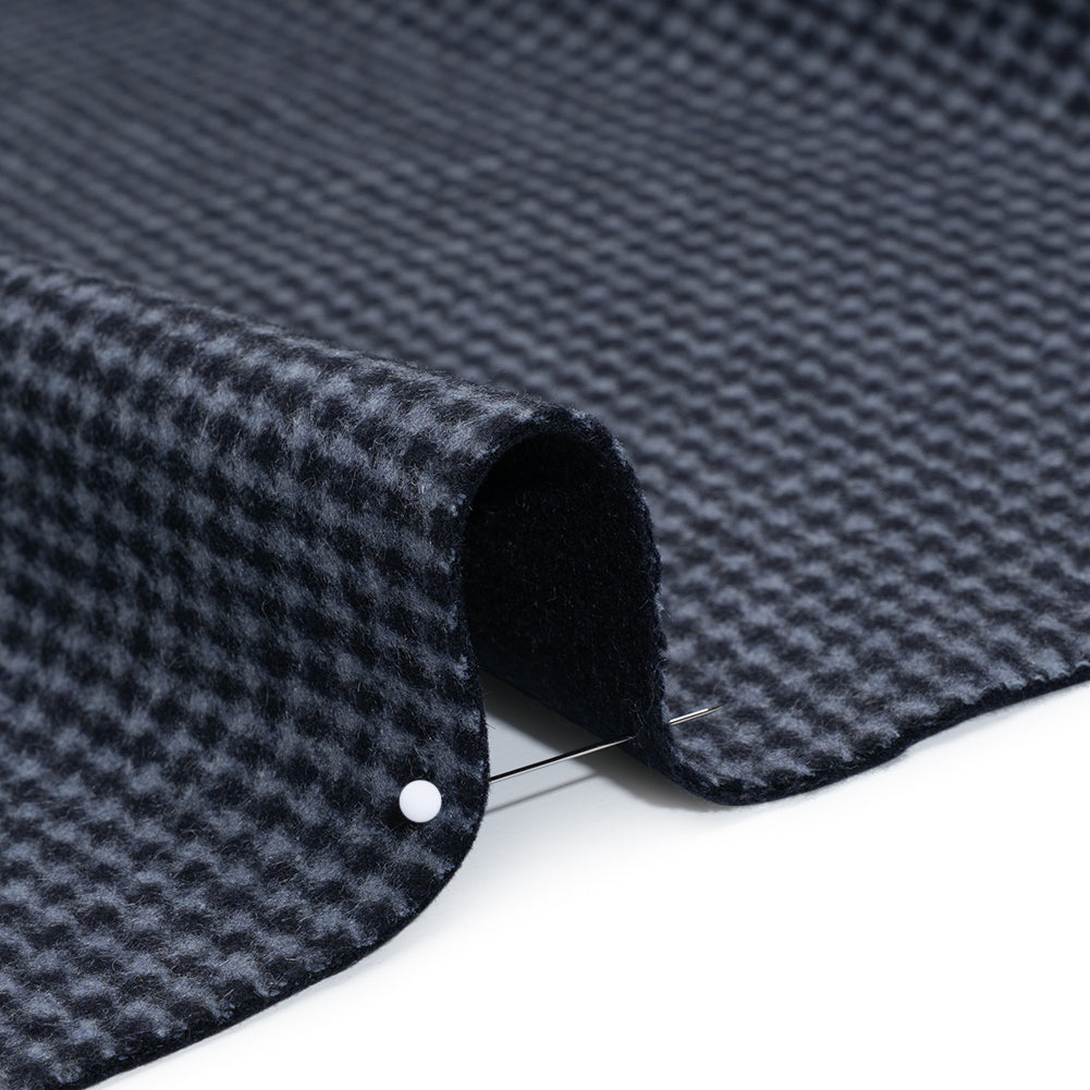 Brushed Wool Blend Double Cloth Coating - Navy and Light Blue Little Houndstooth and Solid - Deadstock Detail