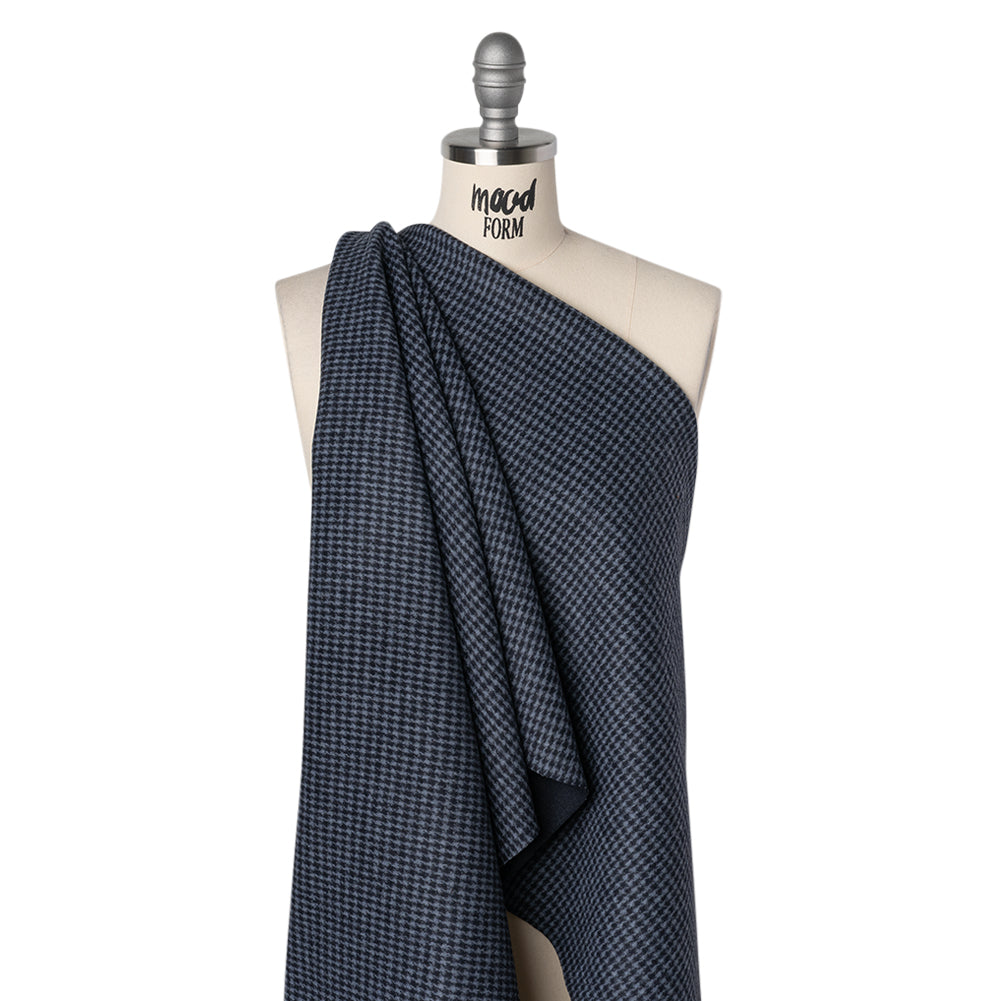 Brushed Wool Blend Double Cloth Coating - Navy and Light Blue Little Houndstooth and Solid - Deadstock Drape
