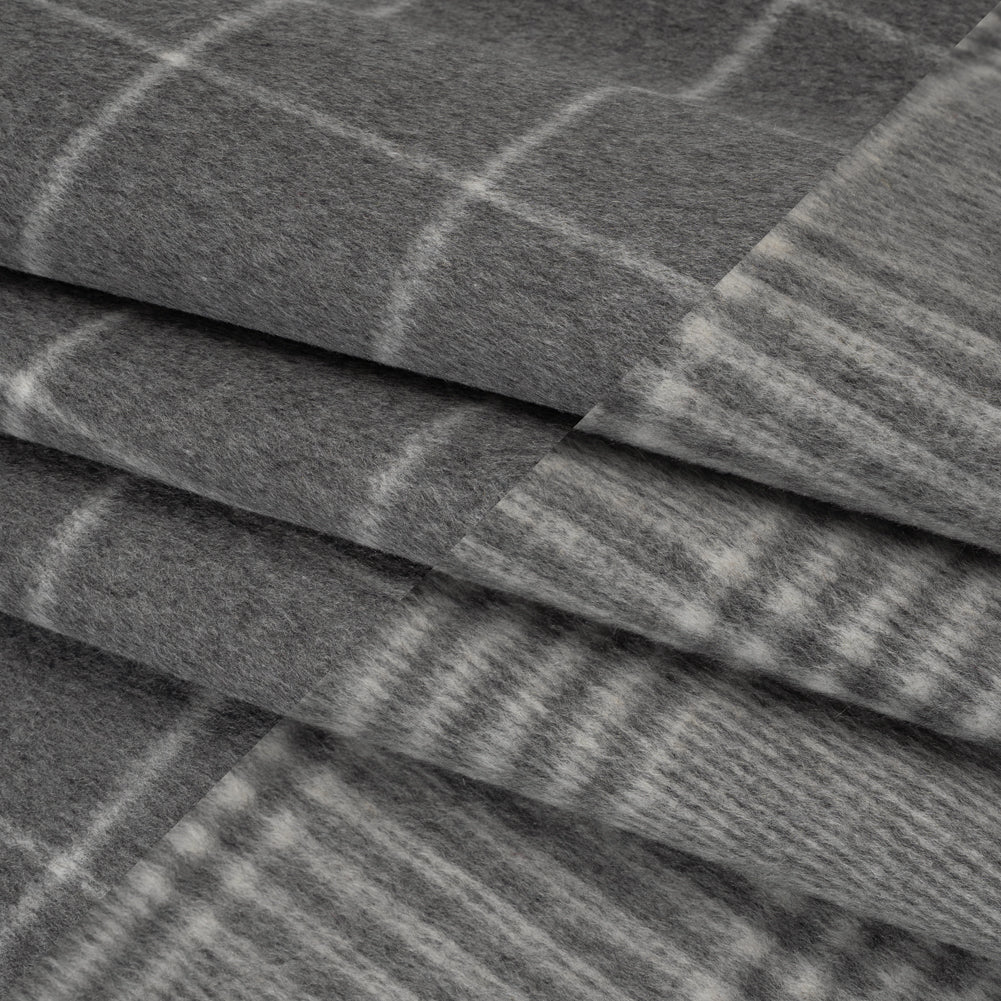 Brushed Wool Blend Double Cloth Coating - Heathered Gray and Off White Windowpane Checks and Glen Plaid - Deadstock Folded
