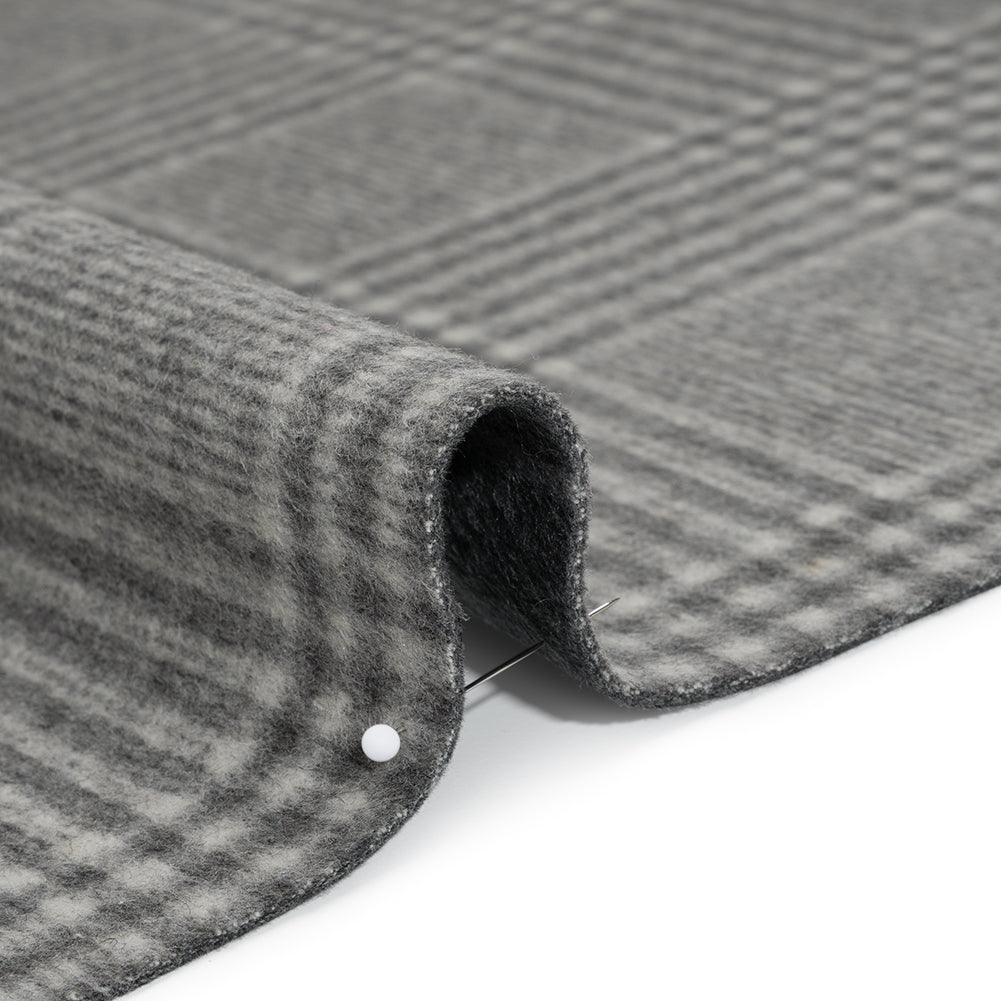 Brushed Wool Blend Double Cloth Coating - Heathered Gray and Off White Windowpane Checks and Glen Plaid - Deadstock Detail