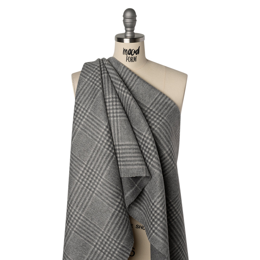 Brushed Wool Blend Double Cloth Coating - Heathered Gray and Off White Windowpane Checks and Glen Plaid - Deadstock Drape