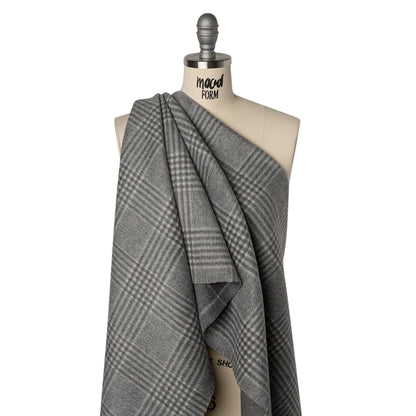 Brushed Wool Blend Double Cloth Coating - Heathered Gray and Off White Windowpane Checks and Glen Plaid - Deadstock Drape