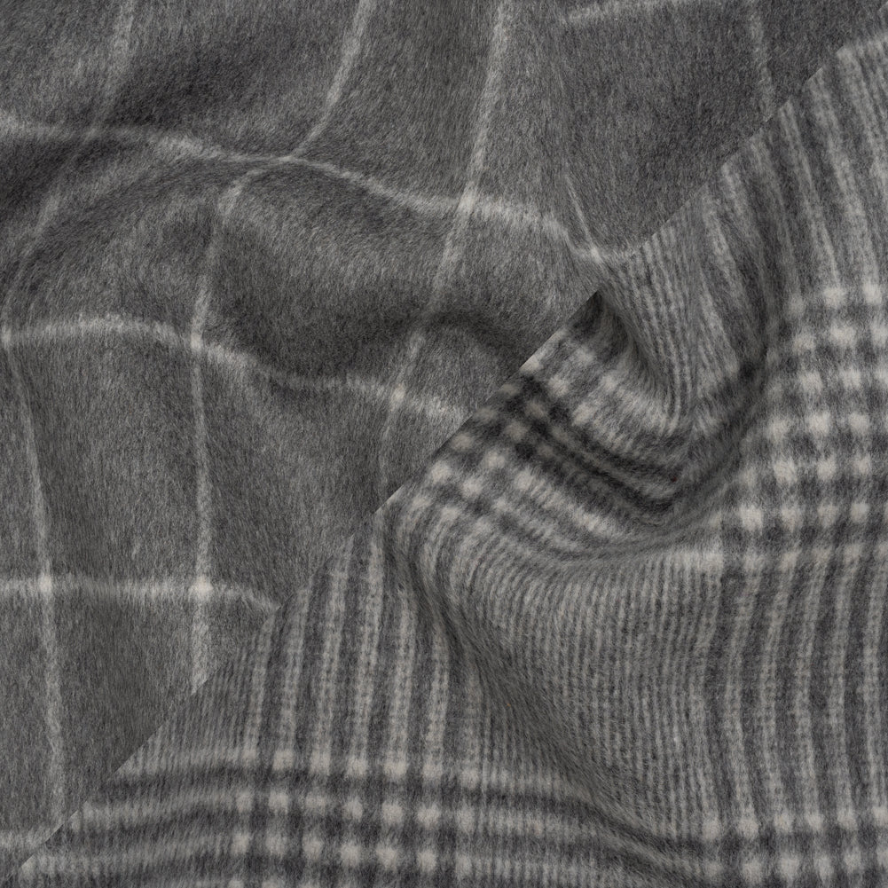 Brushed Wool Blend Double Cloth Coating - Heathered Gray and Off White Windowpane Checks and Glen Plaid - Deadstock
