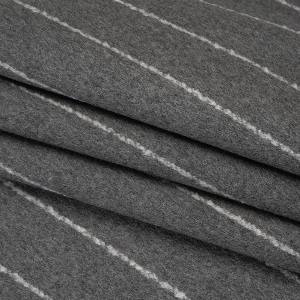 Brushed Wool Blend Double Cloth Twill Coating - Heathered Gray and White Textured Chalk Stripes - Deadstock Folded