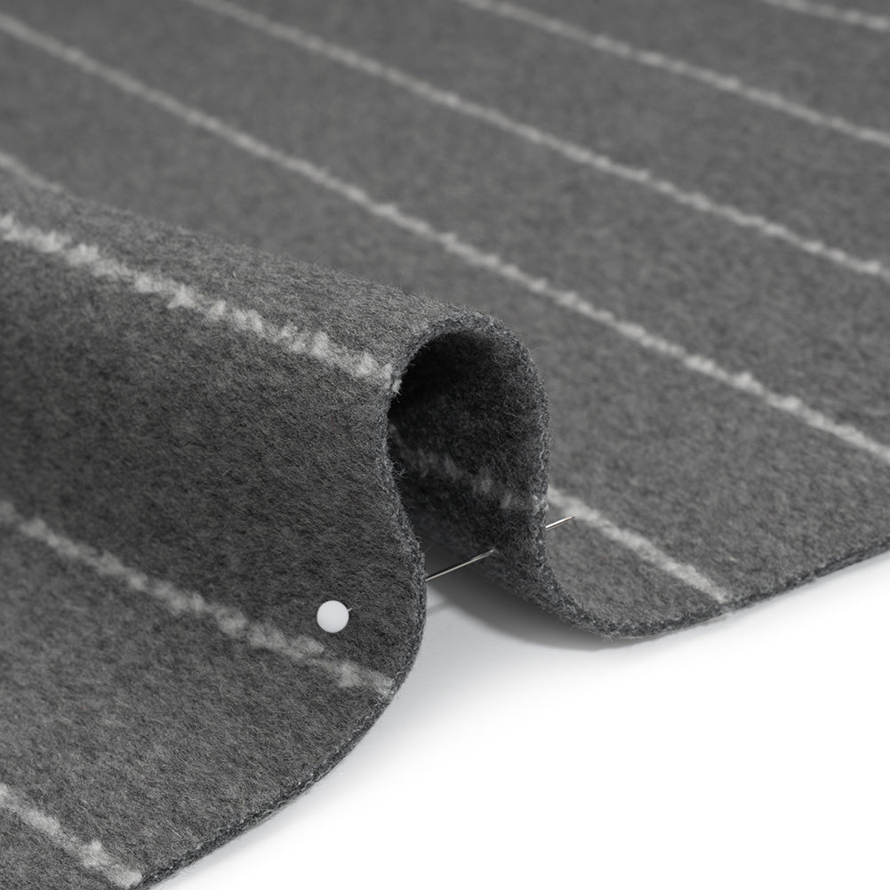 Brushed Wool Blend Double Cloth Twill Coating - Heathered Gray and White Textured Chalk Stripes - Deadstock Detail