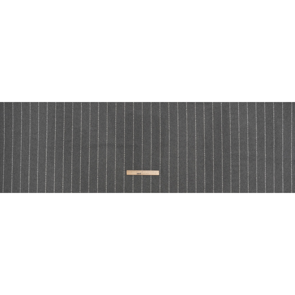 Brushed Wool Blend Double Cloth Twill Coating - Heathered Gray and White Textured Chalk Stripes - Deadstock - Full