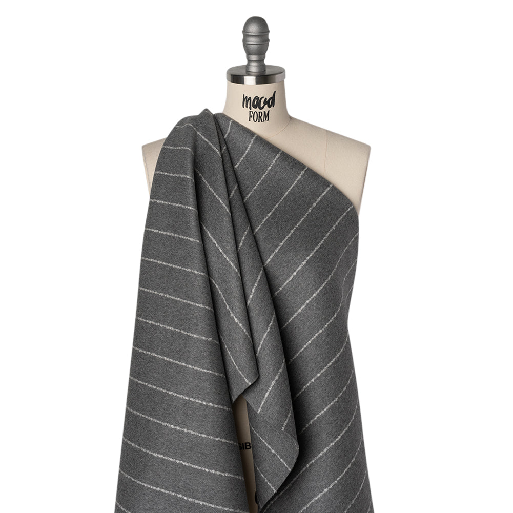 Brushed Wool Blend Double Cloth Twill Coating - Heathered Gray and White Textured Chalk Stripes - Deadstock Drape