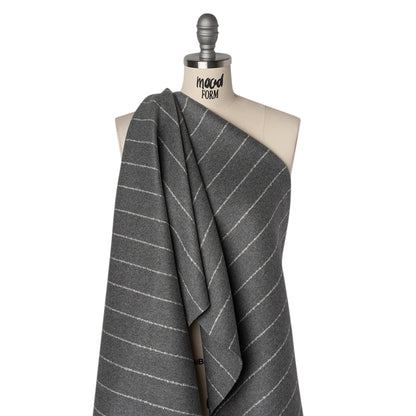 Brushed Wool Blend Double Cloth Twill Coating - Heathered Gray and White Textured Chalk Stripes - Deadstock Drape