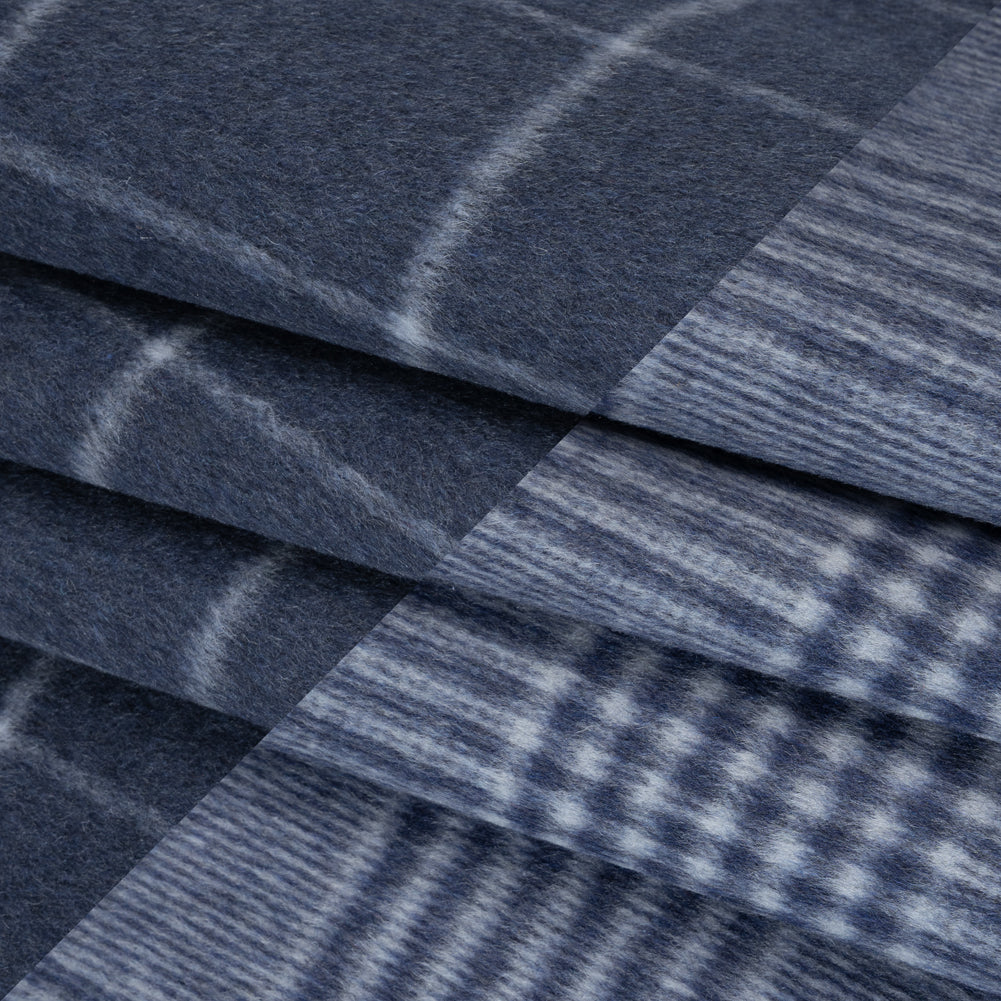 Brushed Wool Blend Double Cloth Coating - Heathered Dark Blue and Off White Windowpane Checks and Glen Plaid - Deadstock Folded
