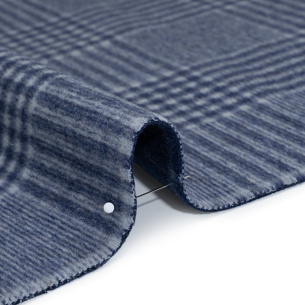 Brushed Wool Blend Double Cloth Coating - Heathered Dark Blue and Off White Windowpane Checks and Glen Plaid - Deadstock Detail