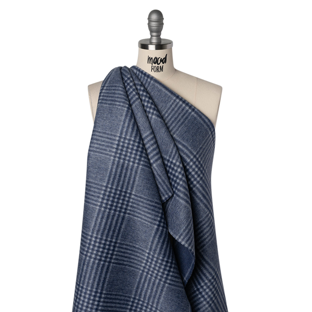Brushed Wool Blend Double Cloth Coating - Heathered Dark Blue and Off White Windowpane Checks and Glen Plaid - Deadstock Drape