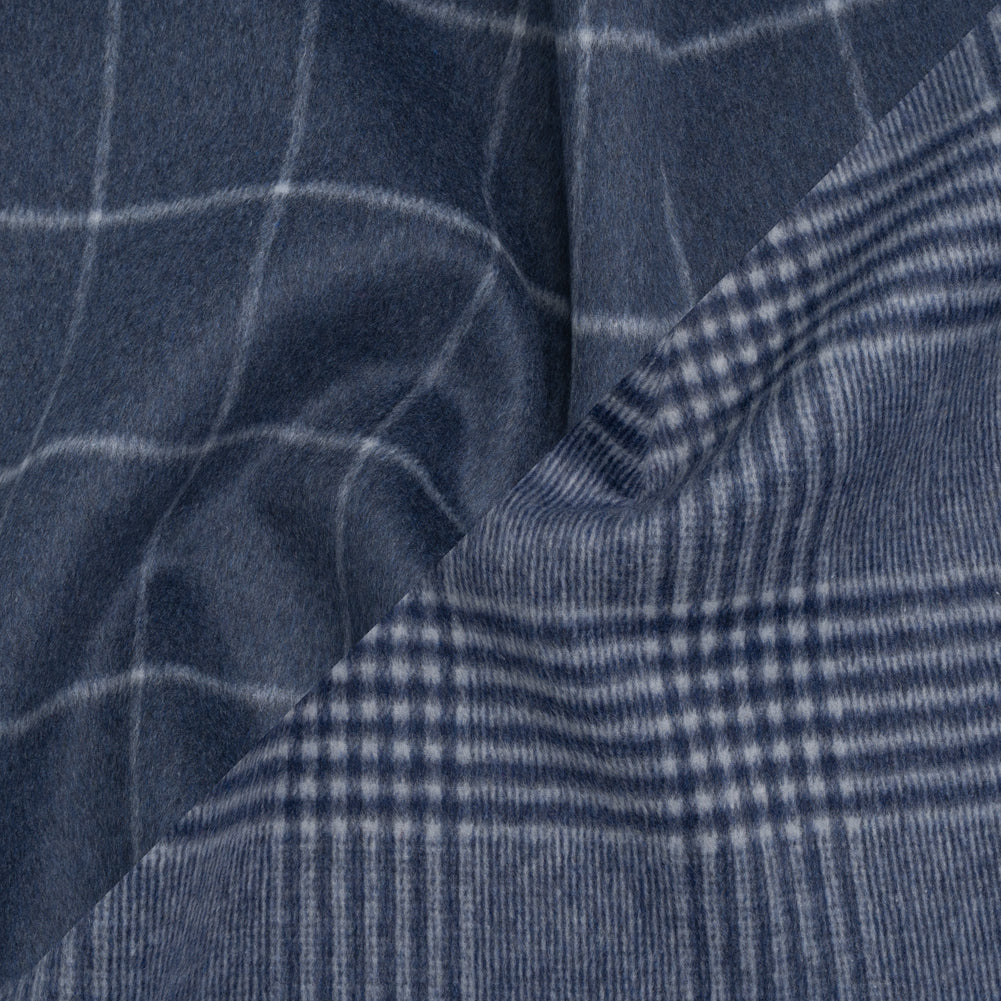 Brushed Wool Blend Double Cloth Coating - Heathered Dark Blue and Off White Windowpane Checks and Glen Plaid - Deadstock