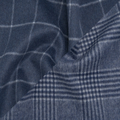 Brushed Wool Blend Double Cloth Coating - Heathered Dark Blue and Off White Windowpane Checks and Glen Plaid - Deadstock