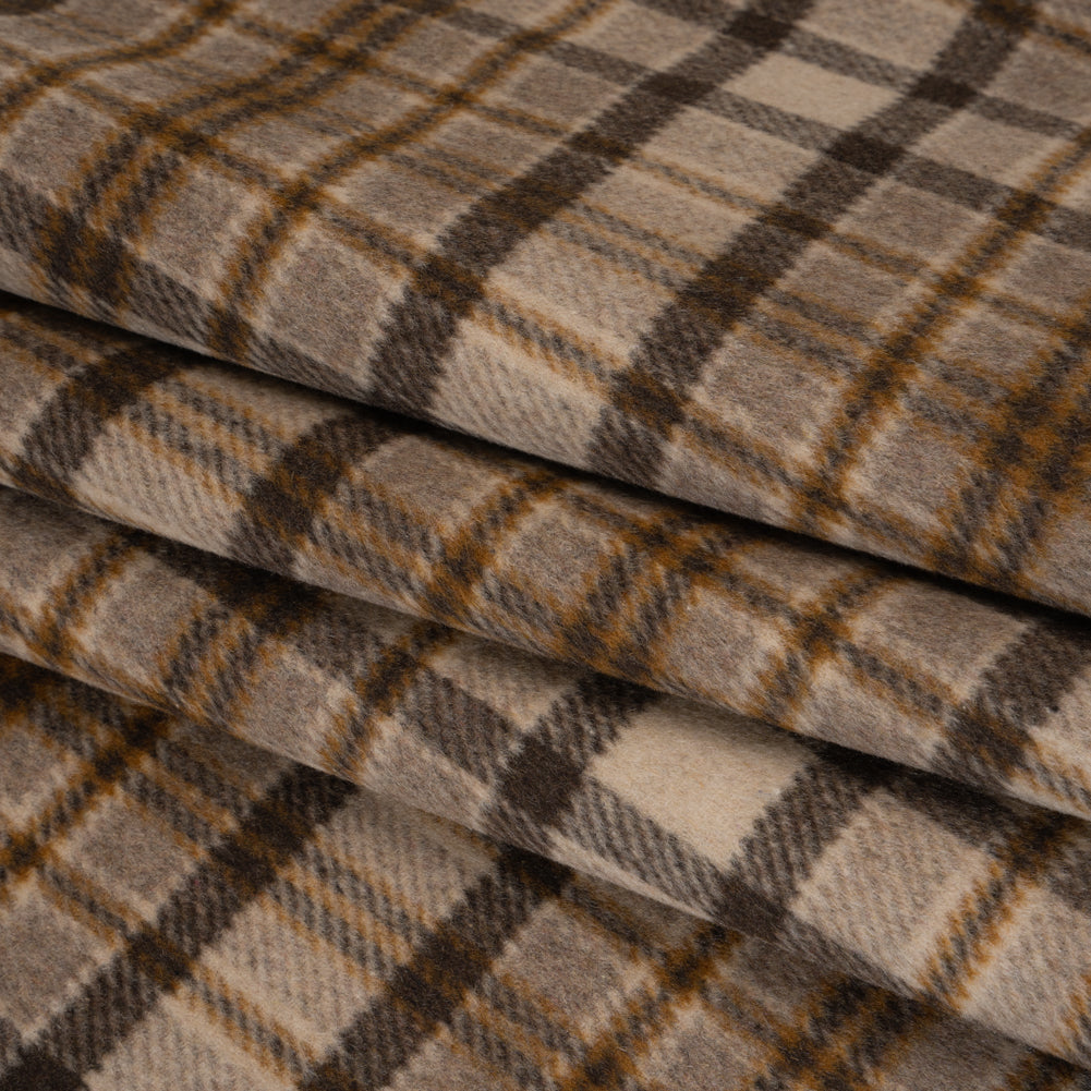 Brushed Wool Blend Double Cloth Twill Coating - Brown, Tan and Beige Plaid - Deadstock Folded