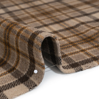 Brushed Wool Blend Double Cloth Twill Coating - Brown, Tan and Beige Plaid - Deadstock Detail