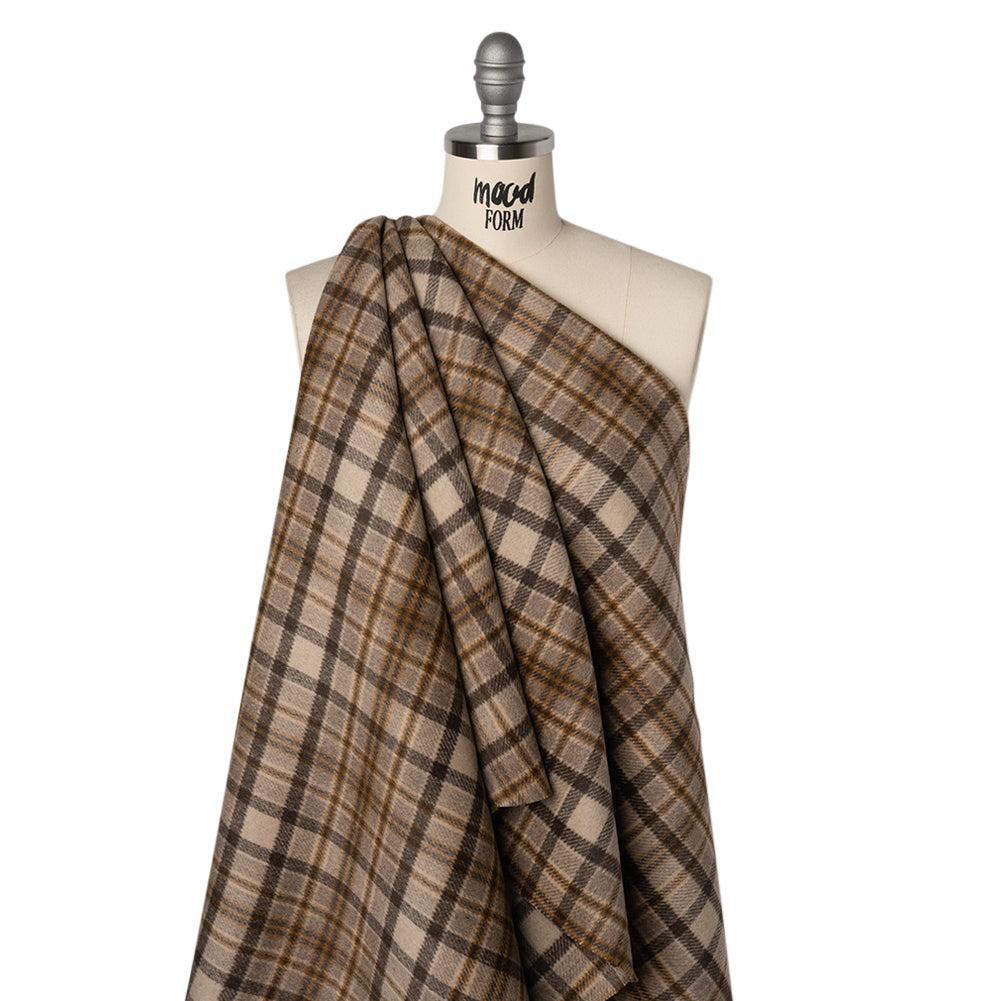 Brushed Wool Blend Double Cloth Twill Coating - Brown, Tan and Beige Plaid - Deadstock Drape