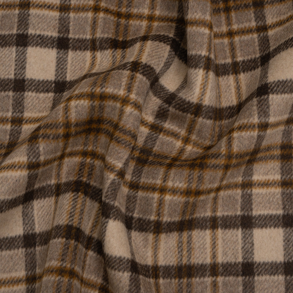 Brushed Wool Blend Double Cloth Twill Coating - Brown, Tan and Beige Plaid - Deadstock