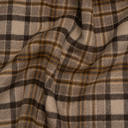 Brushed Wool Blend Double Cloth Twill Coating - Brown, Tan and Beige Plaid - Deadstock