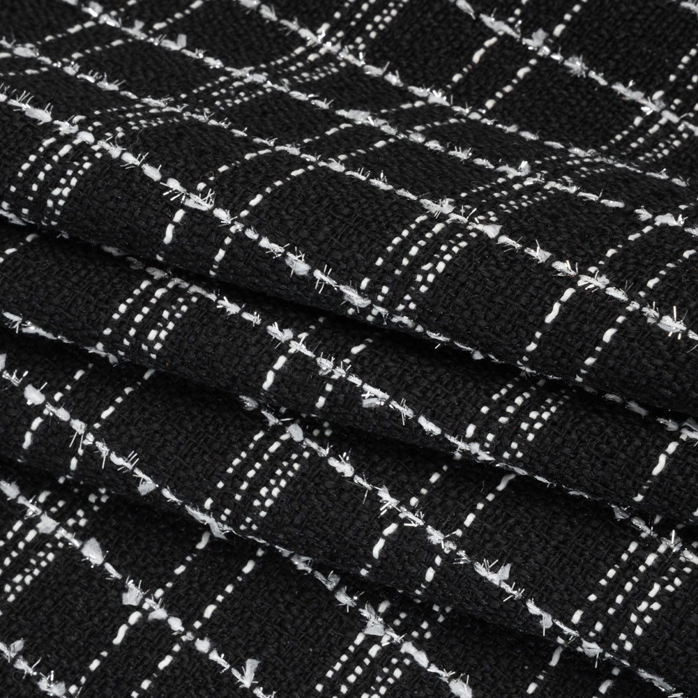 Polyester Tweed with Metallic Eyelash Fringe - Black, Off White and Silver Plaid - Deadstock Folded
