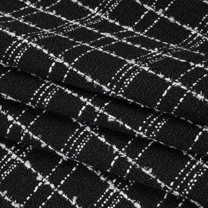 Polyester Tweed with Metallic Eyelash Fringe - Black, Off White and Silver Plaid - Deadstock Folded