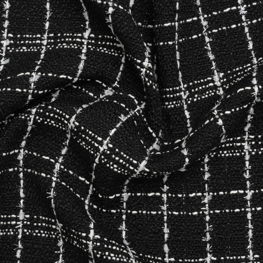Polyester Tweed with Metallic Eyelash Fringe - Black, Off White and Silver Plaid - Deadstock