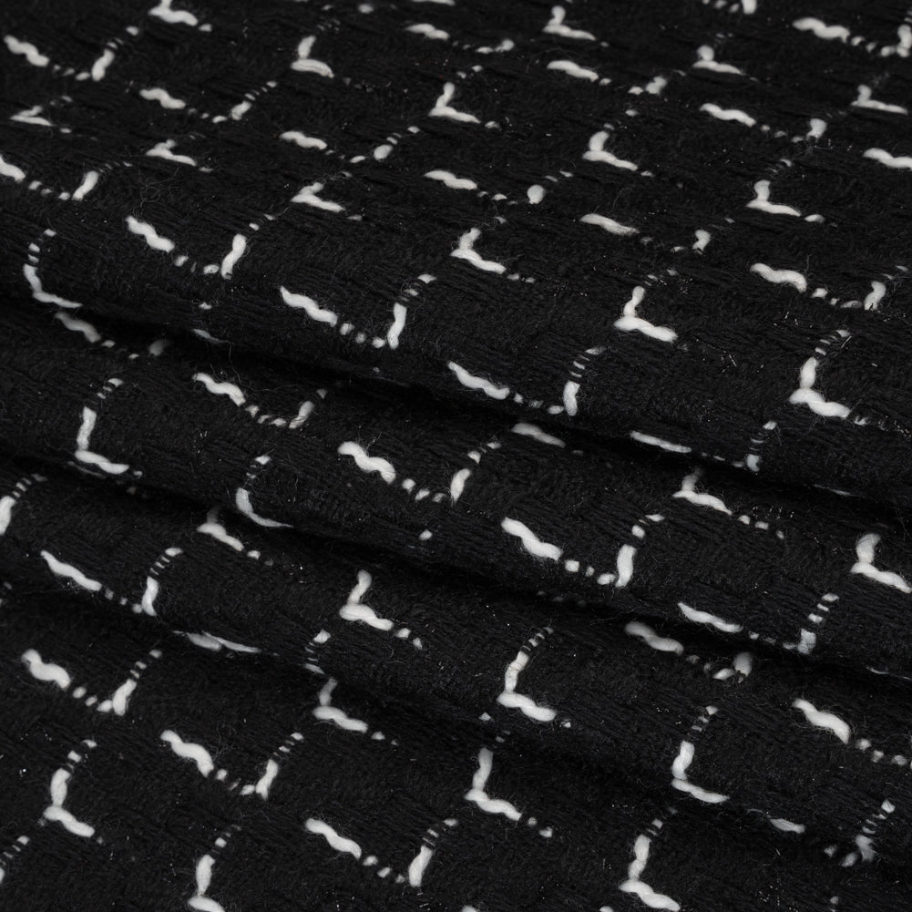 Wool Blend Tweed with Metallic Accents - Black and White Plaid Folded