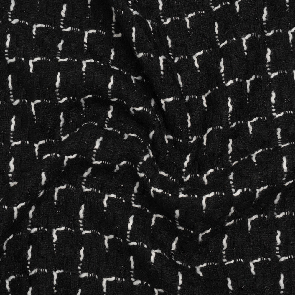 Wool Blend Tweed with Metallic Accents - Black and White Plaid