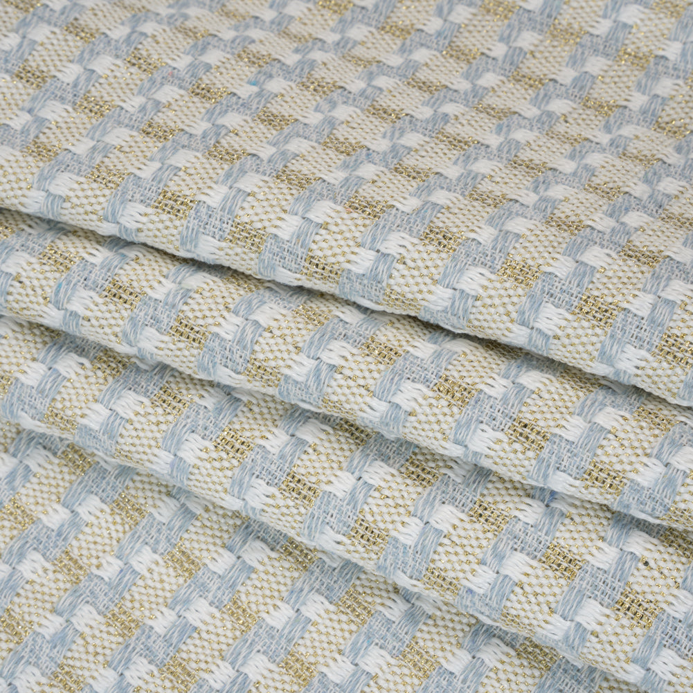 Metallic Polyester Tweed - Baby Blue, White and Gold Plaid - Deadstock Folded