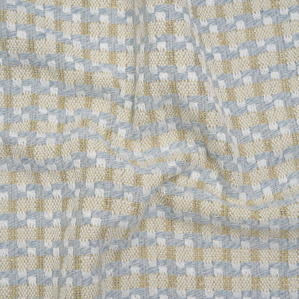Metallic Polyester Tweed - Baby Blue, White and Gold Plaid - Deadstock