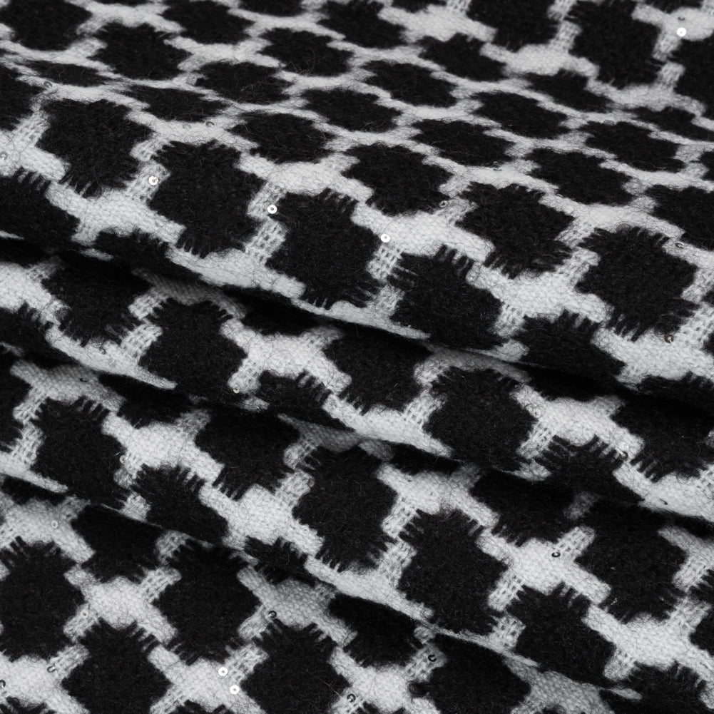 Wool Blend Tweed with Clear Baby Sequins - Black and White Chunky Houndstooth - Deadstock Folded