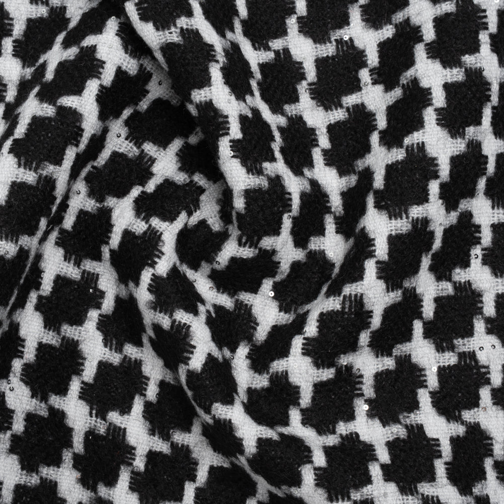 Wool Blend Tweed with Clear Baby Sequins - Black and White Chunky Houndstooth - Deadstock