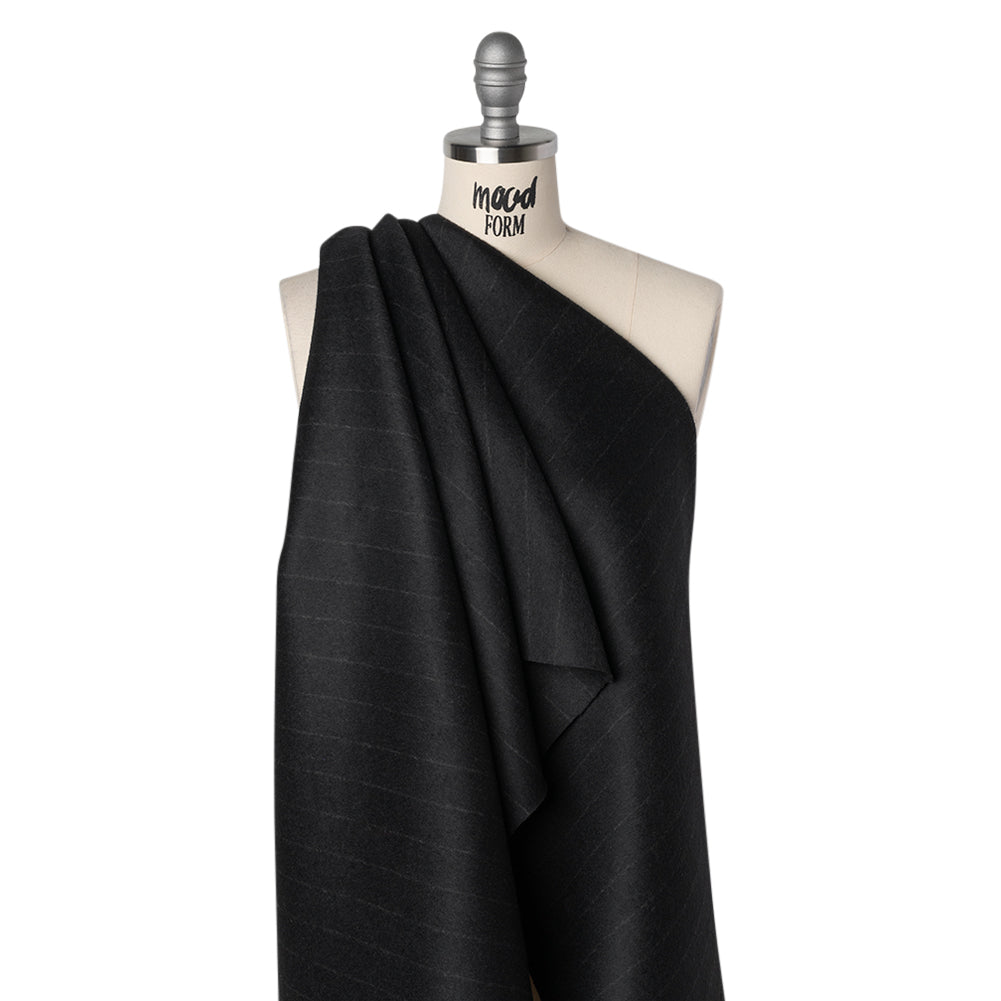 Brushed Wool Blend Double Cloth Coating - Black and Gray Chalk Stripes - Deadstock Drape