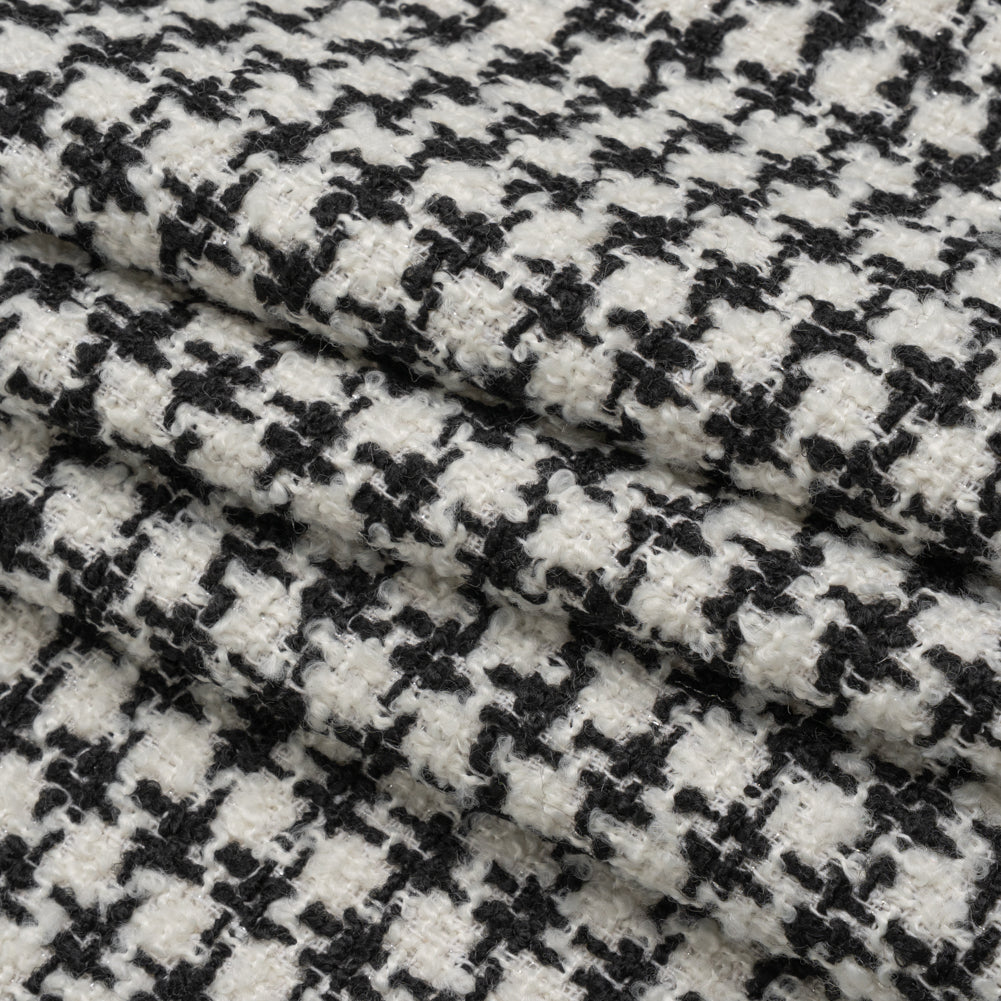 Polyester Boucle Tweed with Metallic Accents - Black and White Houndstooth Check - Deadstock Folded